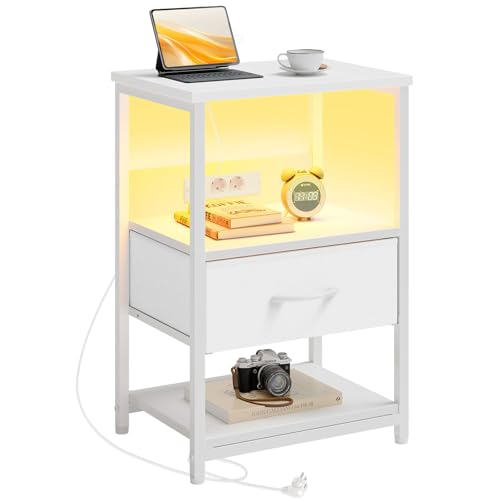 Rolanstar Nachttisch mit LED & Steckdose, Moderner Nachtschrank mit Stauraum,einfach montierbar, Beistelltisch für Wohnzimmer, Schlafzimmer & kleine Räume, Weiß