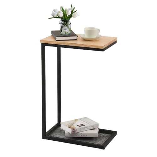 Mingone Beistelltisch Holz C-Form Couchtisch Nachttisch Sofatisch Telefontisch Kiefernholz mit Stauraum für Wohnzimmer Schlafzimmer 28x45x68cm