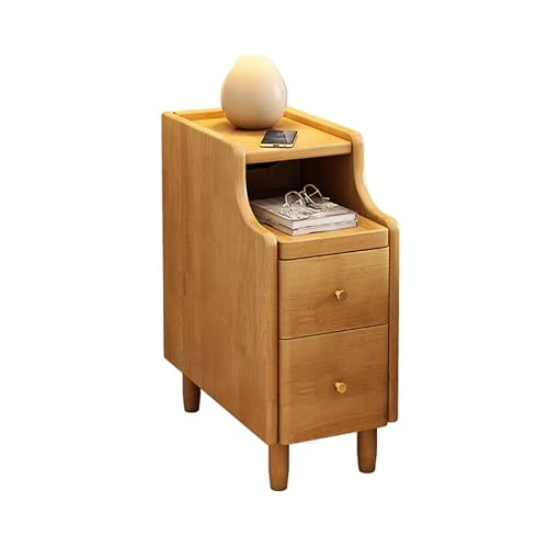 Schmaler Nachttisch, Massivholz Nachttisch mit Schubladen & offenem Schieberegal, Mid-Century Modern Design für Schlafzimmer und Wohnzimmer