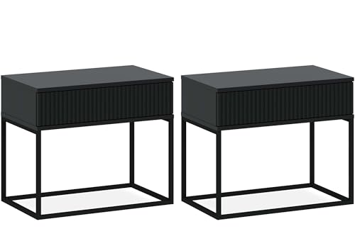 konsimo Nachttisch Rectus Nachtschrank, Modern, hergestellt in der EU, Beistelltisch - (2-St), mit Schublade, geriffelte Schubladenfront, Push-to-Open, Breite 60 cm (anthrazit/schwarz)