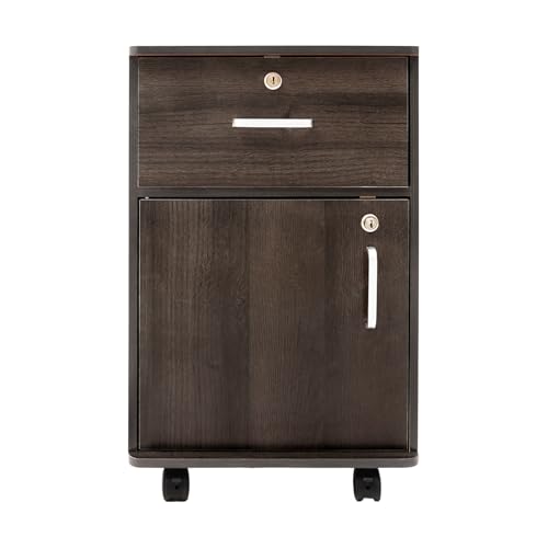 C-Juzarl Nachttisch mit Rollen, Abschließbare Nachtschrank, Nachtkommode mit Schublade und tür, Sofatisch Beistelltisch für Schlafzimmer/Wohnzimmer (Schwarzer Nussbaum)