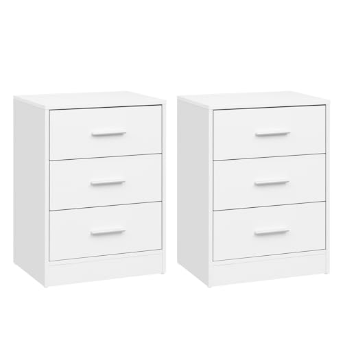 WOLTU Nachttisch 2er Set, Nachtschrank mit 3 Schubladen, Beistelltisch weiß, Nachtkommode, Kommode Schlafzimmer Wohnzimmer, 39x54x28 cm, NTS26ws-2