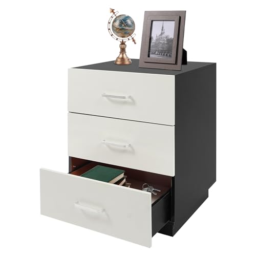 RUETERY Nachttisch, Beistelltisch mit 3 Schubladen, Nightstand, für Nachttische, Sofabeistelltische oder Kosmetika, Bücher, Zeitungen, 40 x 40 x 58cm, Schwarz+Warmweiß