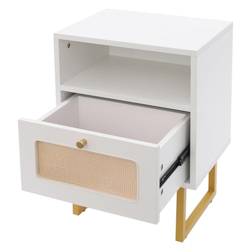 RUETERY Nachttisch mit Schubladen, Nachtschrank mit 1 Schublade und 1 Offenem Fach, Rattan-Imitat Modern Nachtkommode für Schlafzimmer, Wohnzimmer, weiß