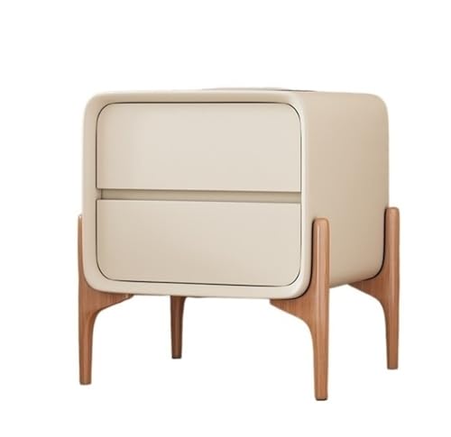 HJYBFA Moderner Beistelltisch, Nachttisch mit 2 Schubladen, Massivholz, Holzfüße, Beistelltische, Leder, kleine Kommode für Schlafzimmer, Wohnzimmer (cremefarben, 45 x 39 x 50 cm)