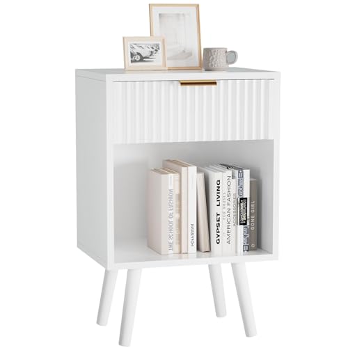 YMYNY Nachttisch, Beistelltisch, Nachtschrank mit Stauraum, Schubladen geriffelte Fronten, Goldener Griff, Massivholz Beinen, Modern, für Schlafzimmer Wohnzimmer, Weiß HST013W