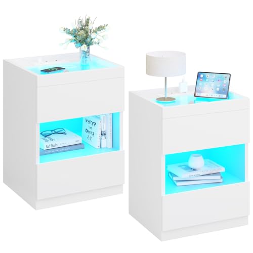 2er Set Nachttisch mit Ladestation und LED-Leuchten, Nachttisch mit 2 Schubladen und 1 offenem Stauraum, Nachtschrank mit 2 USB-Anschlüssen und 2 AC-Steckdosen Nightstand Beistelltisch (2, Weiß)