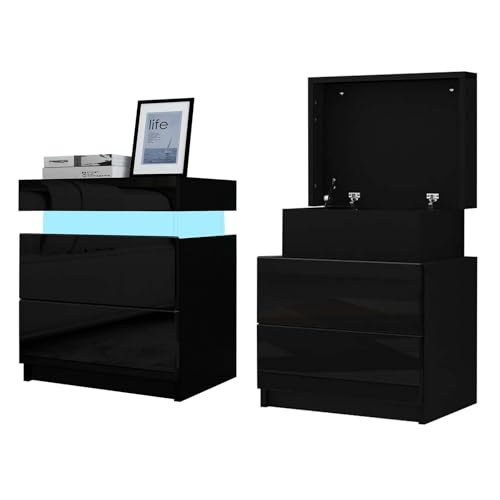Komtopod 2er Set Schwarz Nachttisch Moderner LED Licht Nachtschrank Hochglanzfront Nachttische Beistelltisch mit 2 Schubladen Flip Cover für Schlafzimmer