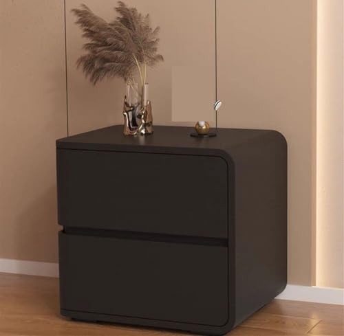 Luxuriöser moderner Nachttisch, Massivholz und cremefarbenes Leder, Nachttisch mit 2 Schubladen, dunkelgraues Finish, stilvolle und funktionale Schlafzimmermöbel