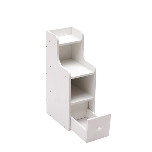 PCGAGA 20 cm kleiner Nachttisch mit Schublade und Regalen, gebogenes Design, kompakter schmaler Nachttisch aus Holz, schmaler Nachttisch Beistelltisch (weiß, H 60 x L 30 x B 20 cm)