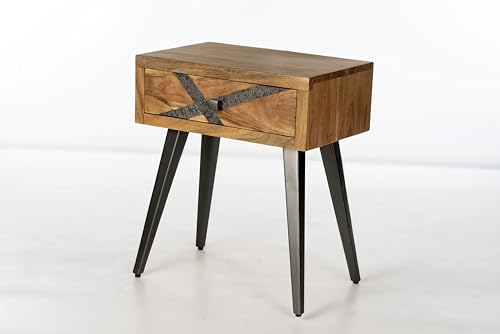 Nachttisch aus Akazienholz, Industrial Design, Metallbeine, 45 x 32 x 55 cm