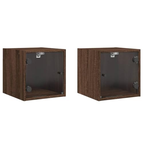 Eleganz Nachttische mit Glastüren 2 STK. Braun Eichen-Optik 35x37x35 cm - Holzwerkstoff & Glas - Modernes Design für Schlafzimmer - Platzsparend & Stilvoll