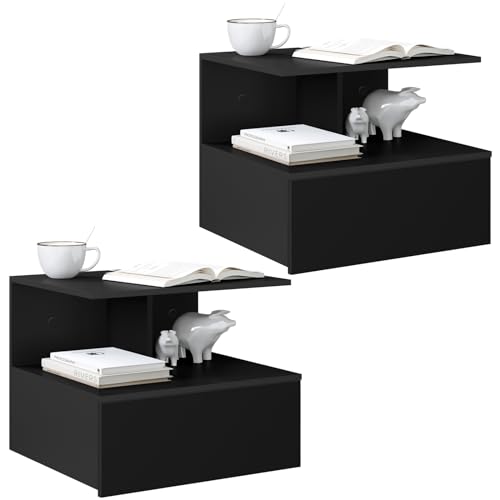 WOLTU Nachttisch hängend, 2er-Set, schwebender Nachtschrank mit Schublade, offenem Fach, Nachtkästchen, Nachtkommode, Nachtkonsole, Wandregal, Wandschrank, Schwarz, aus Holzwerkstoff, 40x31x35 cm