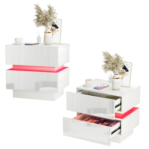 Lvhcmfohm 2er Set Nachttisch mit Steckdose, Nachtschrank mit led und ladefunktion, Nachtkommode mit 2 Schubladen (45x35x46cm, Weiß)