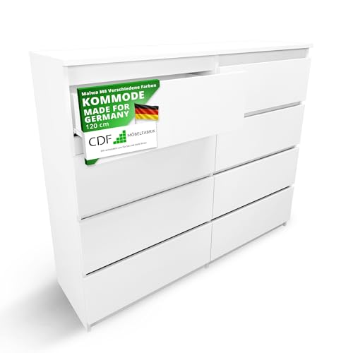 CDF Kommode Weiß mit 8 Schubladen 40 cm Tief Komodenschrank Komode für Wohnzimmer Schlafzimmer Schubladenschrank Malm Kommode viel Stauraum Geeignet Organizer Kleidung 120 cm Breite Modern Look