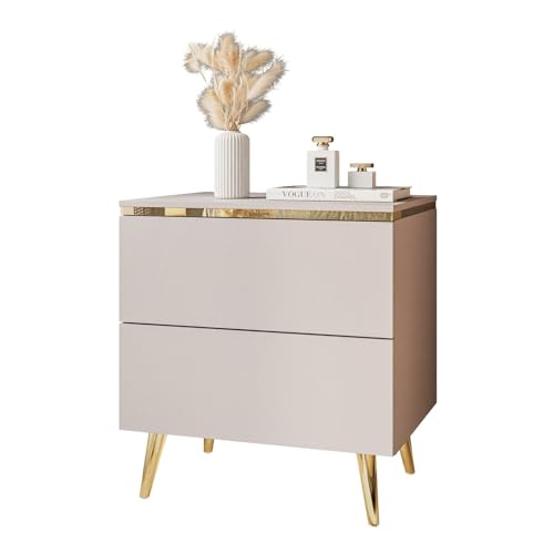 Lookway Nachttisch Aurora II Kaschmir Matt mit LED Beleuchtung Hängend oder auf Goldenen Beinen Gold Dekorative Leiste Modernes Schlafzimmermöbel (Hängend)