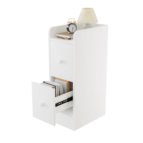 Ztexkee Nachttisch schmal Nachtschrank Schmaler Beistelltisch Kleiner Nachttisch mit 2 Schubladen für Schlafzimmer, Wohnzimmer Weiß
