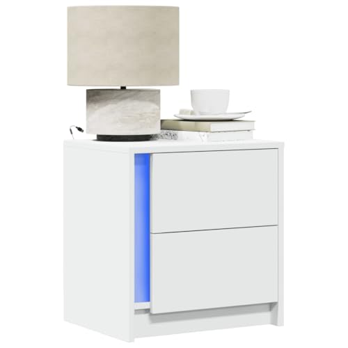 HaoChrymec Nachttisch mit LED-Leuchten, Holzwerkstoff, RGB-Beleuchtung, Praktische Schublade, Kommode für Schlafzimmer und Wohnzimmer, Beistelltisch Weiß, 43x34x45 cm