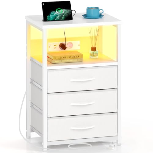 Rolanstar Nachttisch mit LED, Nachtschrank mit 3 Schubladen, Beistelltisch mit Ladefunktion, Platzsparend & Einfach Montiert für Schlafzimmer, Geeignet für Wohnzimmer, Weiß
