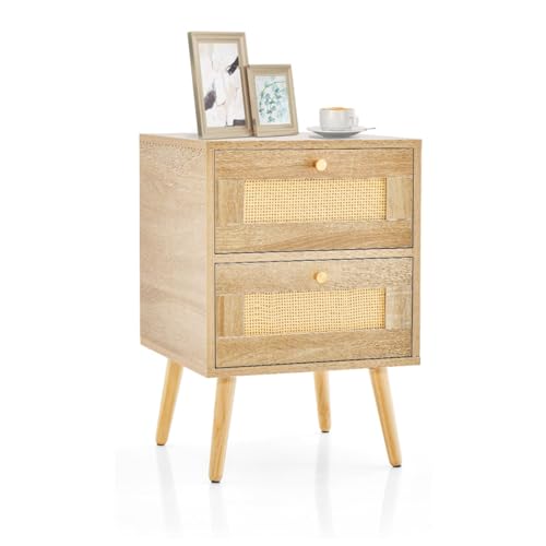 GIANTEX Nachttisch Rattan Boho, Nachtschrank mit 2 Schubladen, Nachtkästchen mit Holzbeinen, Nachtkommode Nachtkonsole Landhausstil, Kleiner Beistelltisch Sofatisch, 40 x 40 x 59 cm, Natur