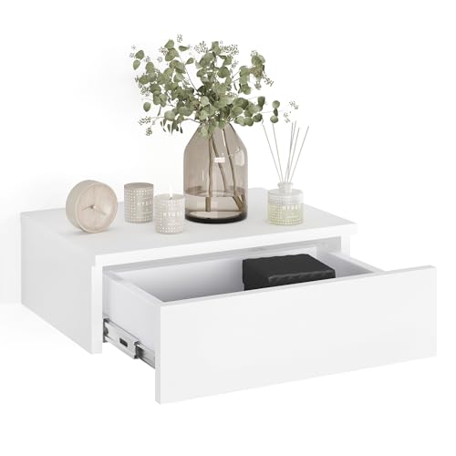 KOMTO Wandregal mit Schublade Weiß - Nachttisch Hängend Nachttisch Wandmontage Wandschublade Nachtschrank Hängend | Monaco 42 x 30 x 15 cm