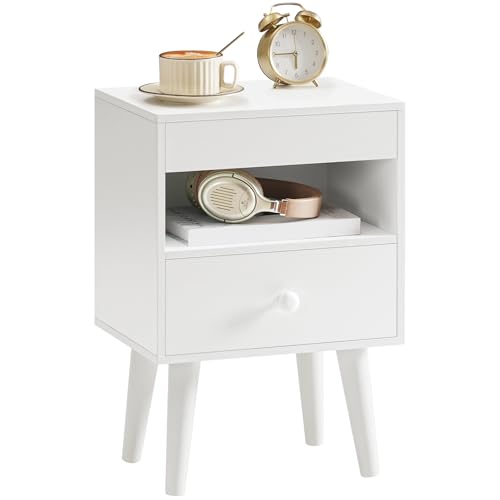 HOOBRO Nachttisch, Schmaler Beistelltisch mit ausziehbarem Tablett, offenem Fach und Schublade aus Vliesstoff, Sofatisch, Couchtisch, für Wohnzimmer, Schlafzimmer, Weiß EWT191BZ01