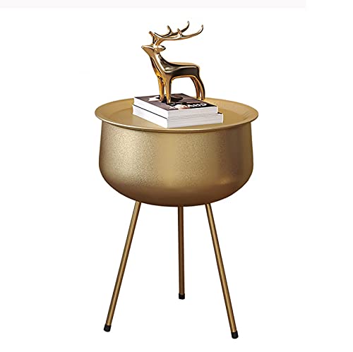 Runder Nachttisch mit verstecktem Stauraum, Eisen-Nachttisch, dreieckige Halterung, kreatives Design für Schlafzimmer, goldfarbenes Finish, kleine Möbel, stilvoller Schlafzimmer-Akzent