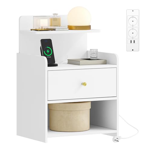 HEXCELEN Nachttisch, Beistelltisch mit 1 Schublade und 2 Offenen Fächern, Nachtschrank, Sofatisch, Platzsparend, für Schlafzimmer, Wohnzimmer, Modern, Weiß