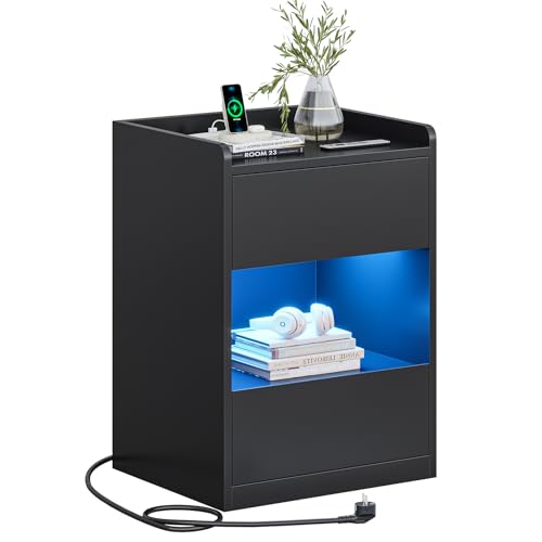 AOGLLATI Nachttisch mit LED-Beleuchtung und Ladestation, Nachtschrank mit 2 Schubladen und 1 Fach Beistelltisch mit Steckdosen Sofatisch für Schlafzimmer, Wohnzimmer 40x35x60cm (1, Schwarz)