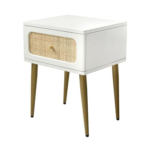Zouron Nachttisch Rattan, Beistelltisch Weiß mit Schublade, Nachtkommode Holz Nightstand 46x40cm Braun Bett Kommode 60cm Hoch für Schlafzimmer Wohnzimmer Natur Rattan (1 Schublade)