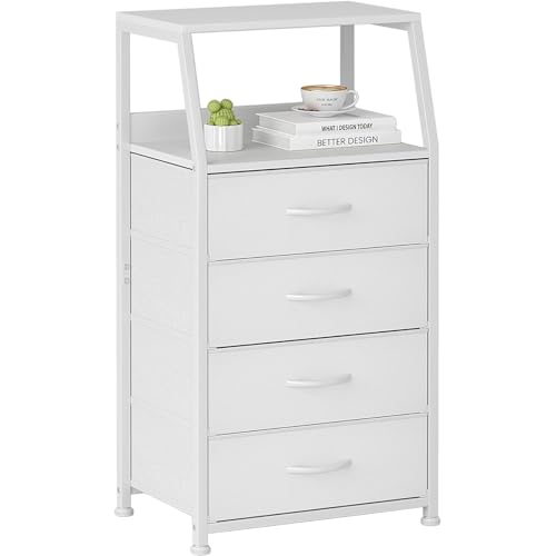 Nachttisch mit 4 Schubladen, Weiß Kommode, Metallrahmen 2-Tier Beistelltisch, Holz Klein Nachtkommode, Mini Couchtisch Stoff Nachttische Schubladenschrank für Wohnzimmer, Schlafzimmer, Kinderzimmer