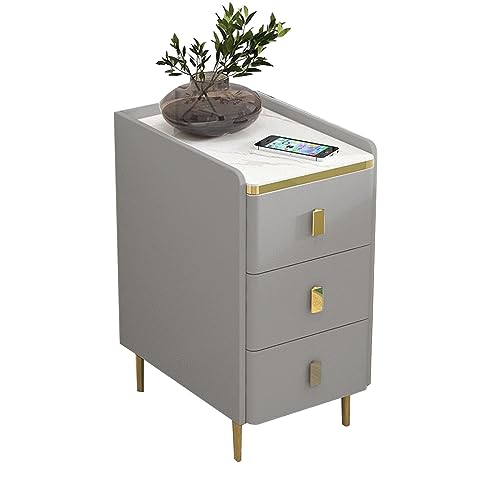 Minimalistischer schmaler Nachttisch mit Schublade, moderner Nachttisch aus Mikrofaser-Leder, hoher Beistelltisch mit Metallbeinen für Schlafzimmer und Wohnzimmer, kleiner Raum, Hellgrau, kompaktes