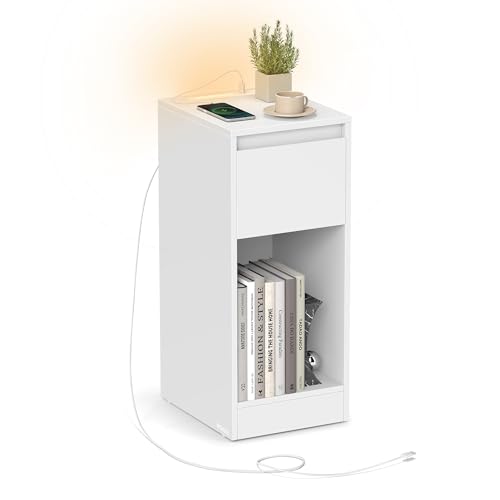 VASAGLE, schmal, Beistelltisch, LED Beleuchtung, 1 USB A Anschluss, 1 USB C Anschluss, Schublade, offenes Fach, für Schlafzimmer, Wohnzimmer, wolkenweiß LET610W01