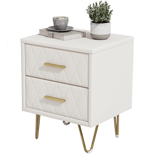Nachttisch mit 2 Schubladen, Griffen aus Metall und 4 Metall-Schrankbeine, Modern Nachtschrank Beistelltisch für Schlafzimmer, Wohnzimmer, Arbeitszimmer, Flur und Eingangsbereich, PU-Leder, Beige