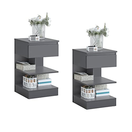 SoBuy 2er Set Nachttisch schmal, Nachtschrank mit 1 Schublade und 2 Ablagen, Moderner Beistelltisch, Aufbewahrungsschrank für das Schlafzimmer, Bedside Table B39 x T39 x H65 cm Grau FBT49-HGx2