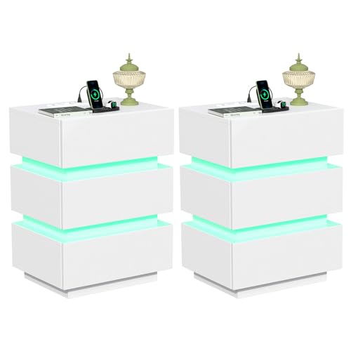 PIPIPOXER LED Nachttisch mit Steckdose & USB, 2er Set Nachttisch Weiß Hochglanz mit 3 Schubladen, Nachtschrank mit 16 Farbe RGB Licht, Nachtschrank Tisch, Beistelltisch für Wohnzimmer, 45x35x61cm