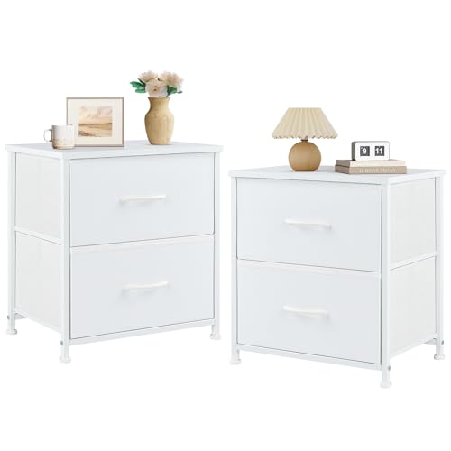Sweetcrispy Nachttisch 2er Set, Nachttisch Beistelltisch, Stoff Schubladenschrank, Schmal Schrank, Kommode Schlafzimmer, Industrial Stil für Wohnzimmer, Kinderzimmer, Flur Aufbewahrungsschrank, weiß