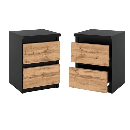 MRBLS_HOME MRBLS 2er Set Nachtschrank Nachtkommode Modern Möbel Schubladen Holz Schubladenschrank für Ihr (Schwarz Matt   Wotan) – 30 x 42 x 30,5 cm (B/H/T)