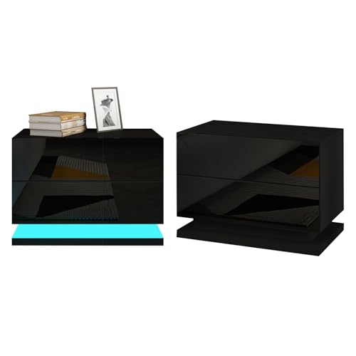Komtopod 2er Set Nachttisch mit LED-Beleuchtung, Nachttisch Kommode mit 2 Schubladen aus Holz Sofa Tisch mit RGB LED Streifen für Schlafzimmer Wohnzimmer Wohnmöbel, Schwarz