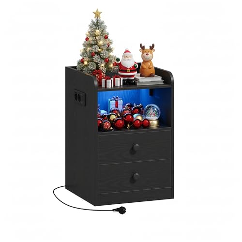 IRONCK Nachttisch mit Steckdose und LED, Beistelltisch mit 1 USB & 1 Typ-C Anschlusse, Nachtschrank 2 Schubladen&offene Fächer, Sofatisch für Wohnzimmer, Schlafzimmer, Arbeitszimmer, Schwarz