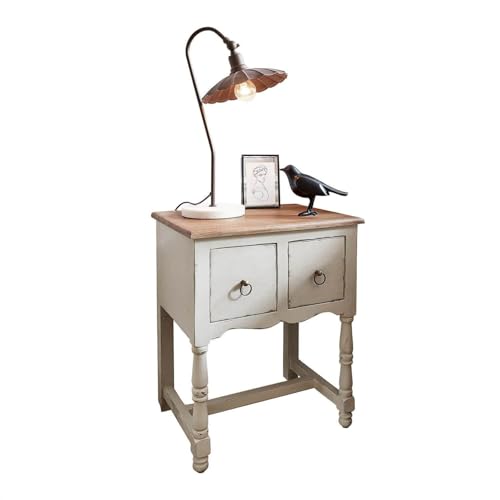 Loberon Nachttisch Stafford, Korpus mit Shabby-Anmutung, Zwei Schubladen, handgedrechselte Beine, Nachtkästchen, Nachtschrank, Mangoholz, Messing, antikweiß/braun