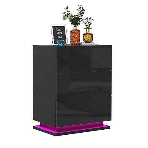 CHOWGOLI Nachttisch, Nachttisch mit LED Beleuchtung, Moderne 3-Schubladen-Nachtschrank , Nightstand für Schlafzimmer Wohnzimmer, Stilvolle Stauraumlösung für Jedes Zimmer, Nachttisch Schwarz,50x35x68cm