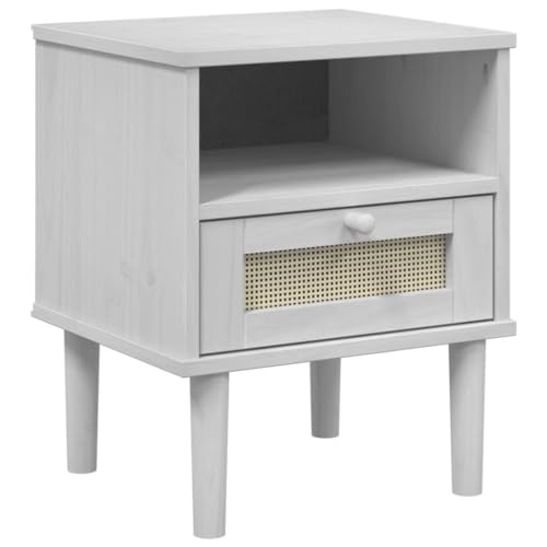 vidaXL Nachttisch, Nachtschrank Rattan-Look, Nachtkommode mit Stauraum für Schlafzimmer, Nachtkonsole Beistelltisch, Weiß Massivholz Kiefer