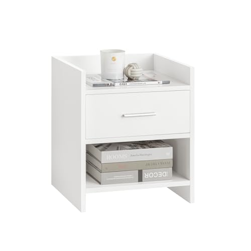 SoBuy Nachttisch mit Schublade & Offenem Regal, Minimalistischer Beistelltisch für Schlafzimmer, Wohnzimmer oder Büro, Weiß, W38 x T35 x H45cm FBT66-W