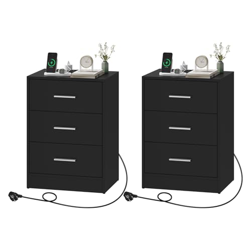 WOLTU Nachttisch 2er Set, Beistelltisch mit Ladefunktion, Steckdose, 3 Schubladen, Nachtschrank, Nachtkästchen für Schlafzimmer, Wohnzimmer, Flur, Büro, Modern Schwarz