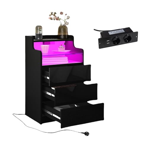 Nachttisch mit Steckdose und LED-Beleuchtung, Hochglanz Nachtschrank mit steckdose und 3 Schubladen - offene Ablageebenen mit Gehärtetes Glas für Wohnzimmer und Schlafzimmer 45x35x76 cm (Schwarz)