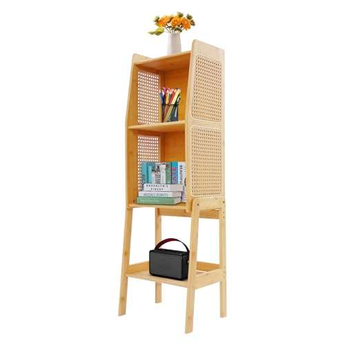 SuhoFutus 4-Stufiges Bücherregal aus Holz Rattan, Nachtschränkchen mit Offene Fächer, A-Förmige Stützbeine, 50kg Tragkraft, Ideal als Nachttisch, Aufbewahrungsschrank für Schlafzimmer, Wohnzimmer