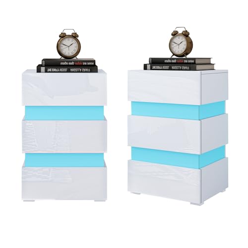 Senvoziii 2er Set LED Nachtschrank Kommode Nachttisch mit 3 Schubladen Schlafzimmer Holz Hochglanz für Schlafzimmer und Wohnzimmer 45x35x67cm (Weiß)