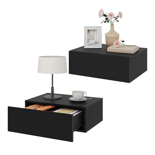 WOLTU 2er Set Nachttisch hängend,Wandregal mit Schublade, Nachtschrank Wandmontage, 40x30x14 cm,Nachtkästchen zum Einhängen,schwebende Nachtkommode, modern, schwarz für Schlafzimmer Wohnzimmer