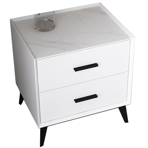 Nachttisch aus Massivholz mit 2 Schubladen und PU-Leder-Finish, Beine aus Karbonstahl zur Aufbewahrung und Organisation im Schlafzimmer